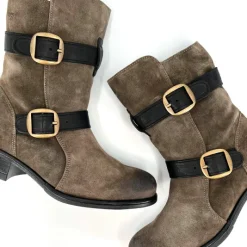 The Double Belt Moto Bootie in Grey Black