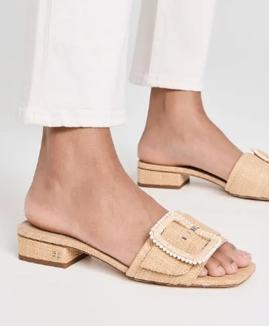 The Raffia Flat Sandal with Beaded Buckle in Bleachwood