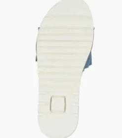 The Ruffle Comfort Slide Sandal in Cool Blue