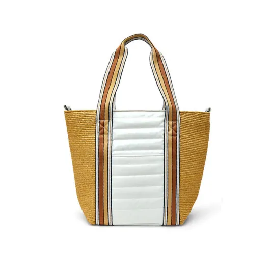 The Sunset Tote in Dune Raffia and White Patent